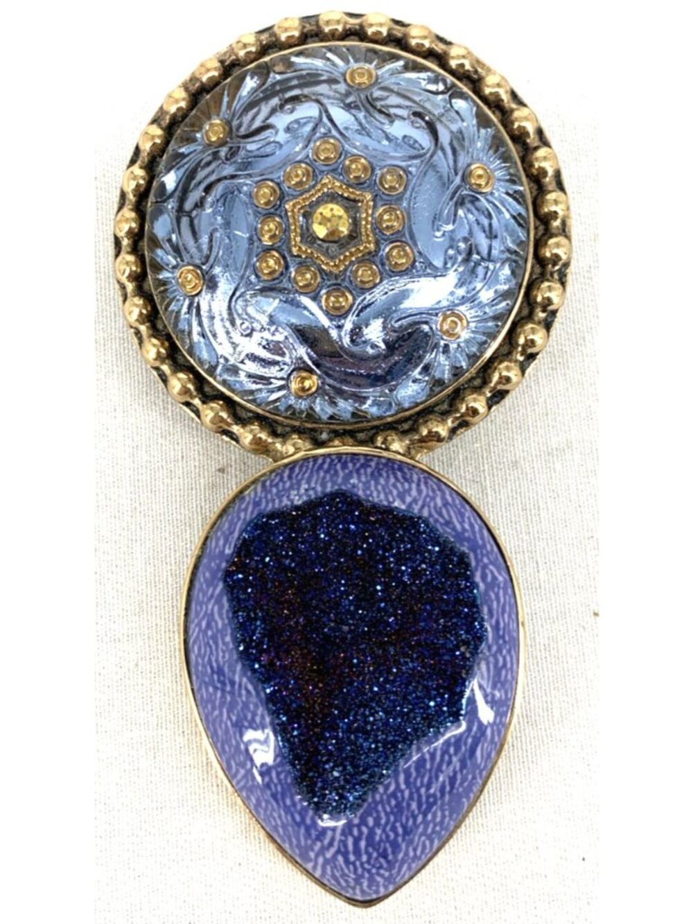 Amy Kahn Russell AKR Bronze Blue Agate Druzy Huge Pin Brooch Pendant 3.75"